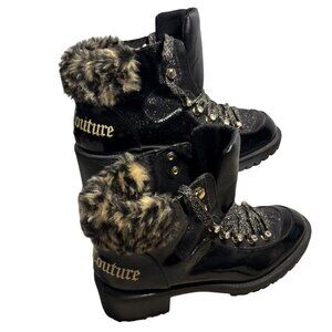 Juicy Couture Faux Boots JC Indulgence Leopard Trim Black Patent Leather Wms 8M